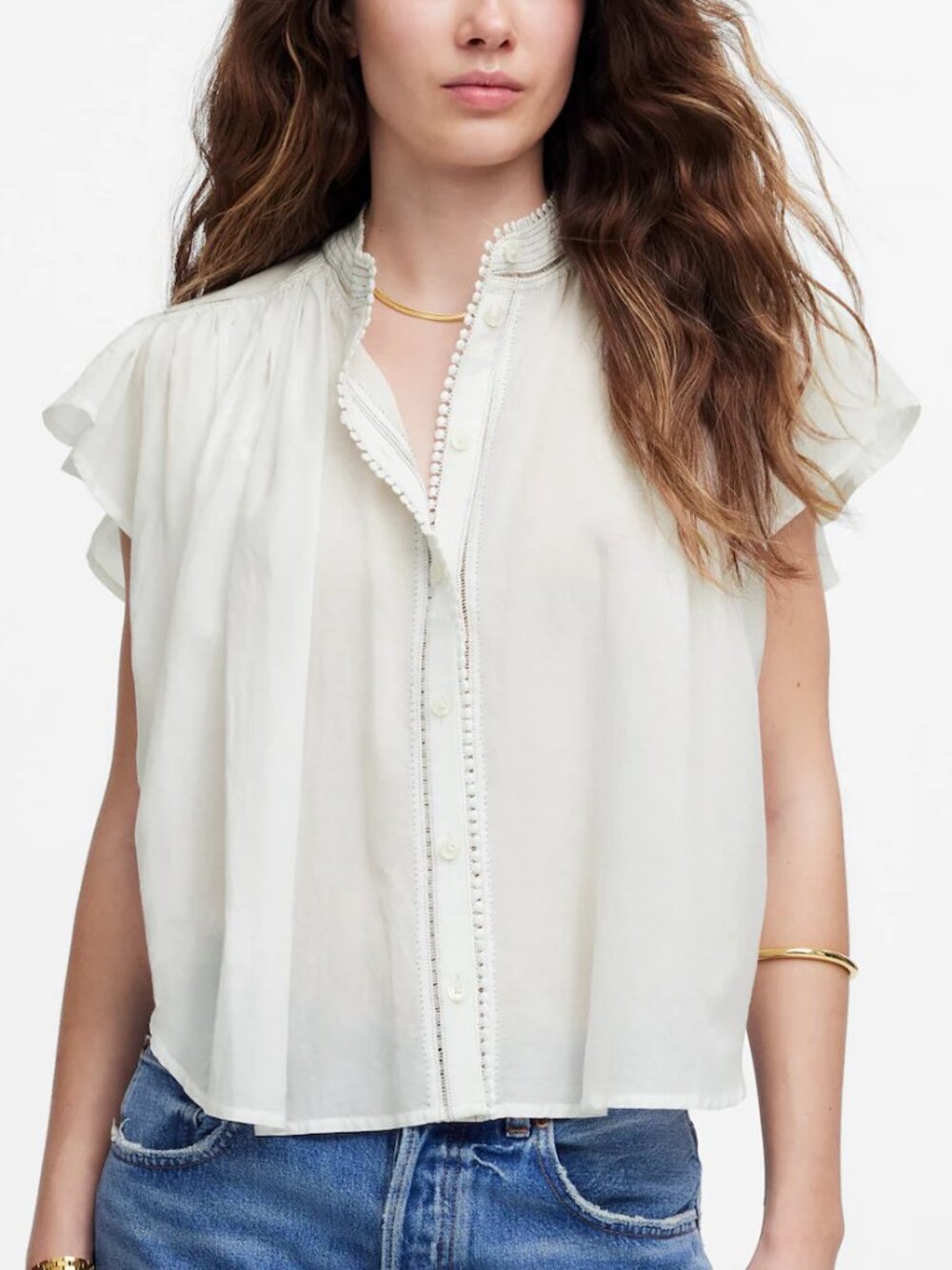 Madewell Shirred Lace Trim Lightweight Cotton Blend Top White Size XS
